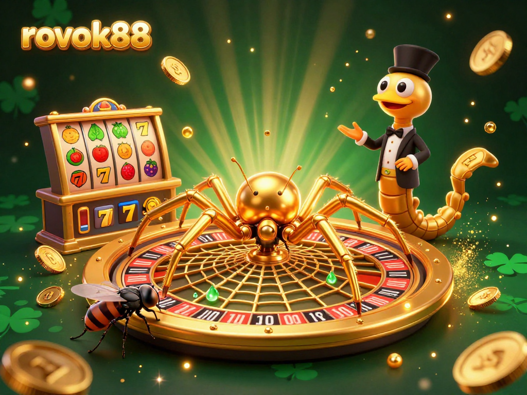 Experience rokok88's thrilling casino ambiance with a dynamic golden spider and vibrant slot elements.