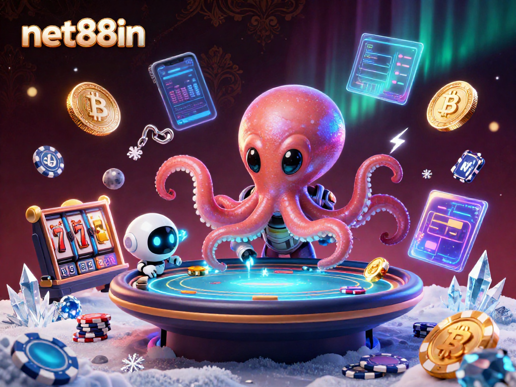 Experience thrilling gambling with net88in's vibrant 3D illustration of an octopus dealing poker.