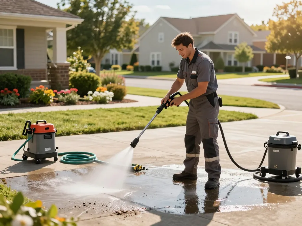Driveway cleaning Atlanta by a professional technician using high-pressure spray on a residential driveway.