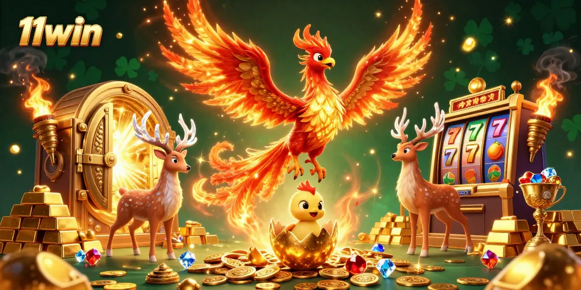 Experience excitement with 11win, featuring a vibrant phoenix in a dynamic casino scene.