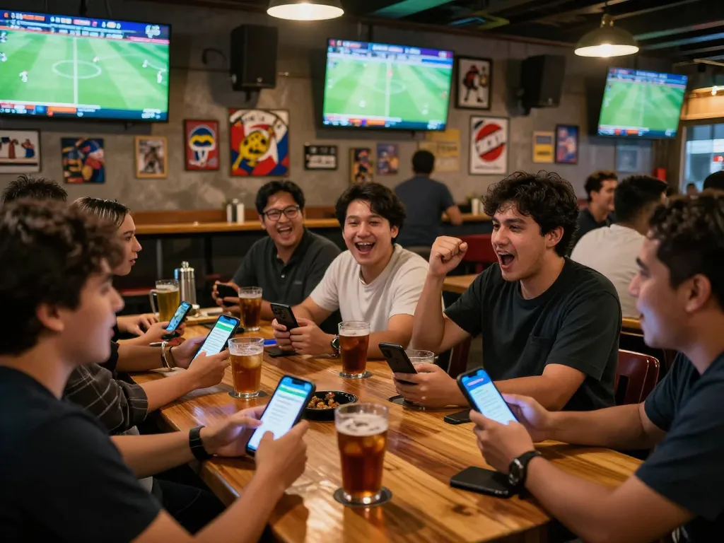 Pelanggan menikmati taruhan Judi Bola di bar olahraga yang ramai dengan pertandingan langsung di layar