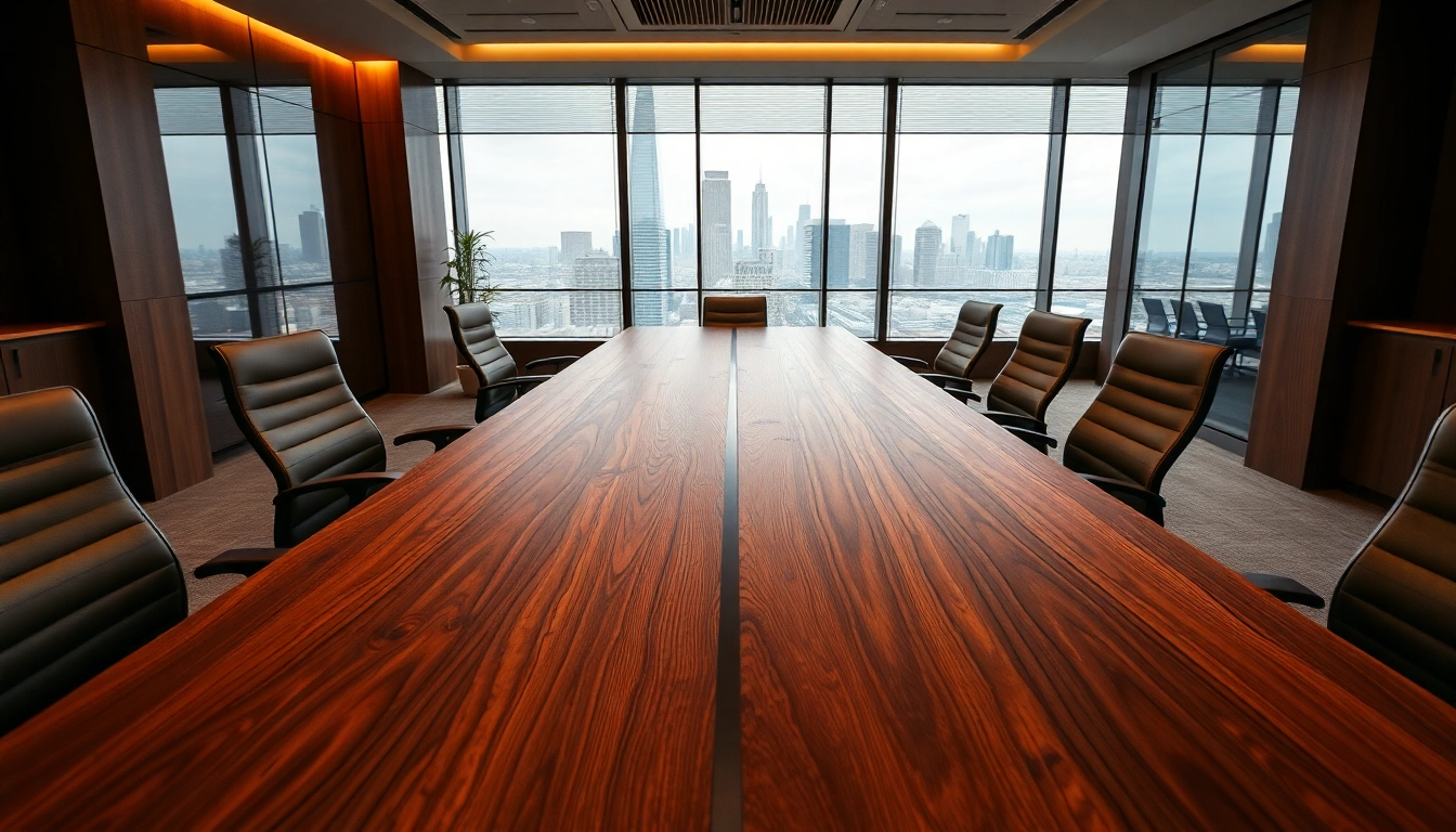 Custom conference table made of solid hardwood in a modern office setting