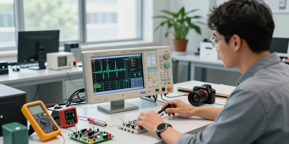 A professional engineer using a digital oscilloscope to analyse multiple signals with a 4 channel oscilloscope in a modern lab setting.