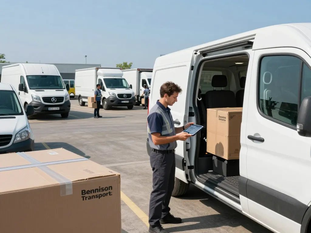 Time critical logistics with Bennison Transport driver preparing cargo for fast delivery in clean, modern vehicles.