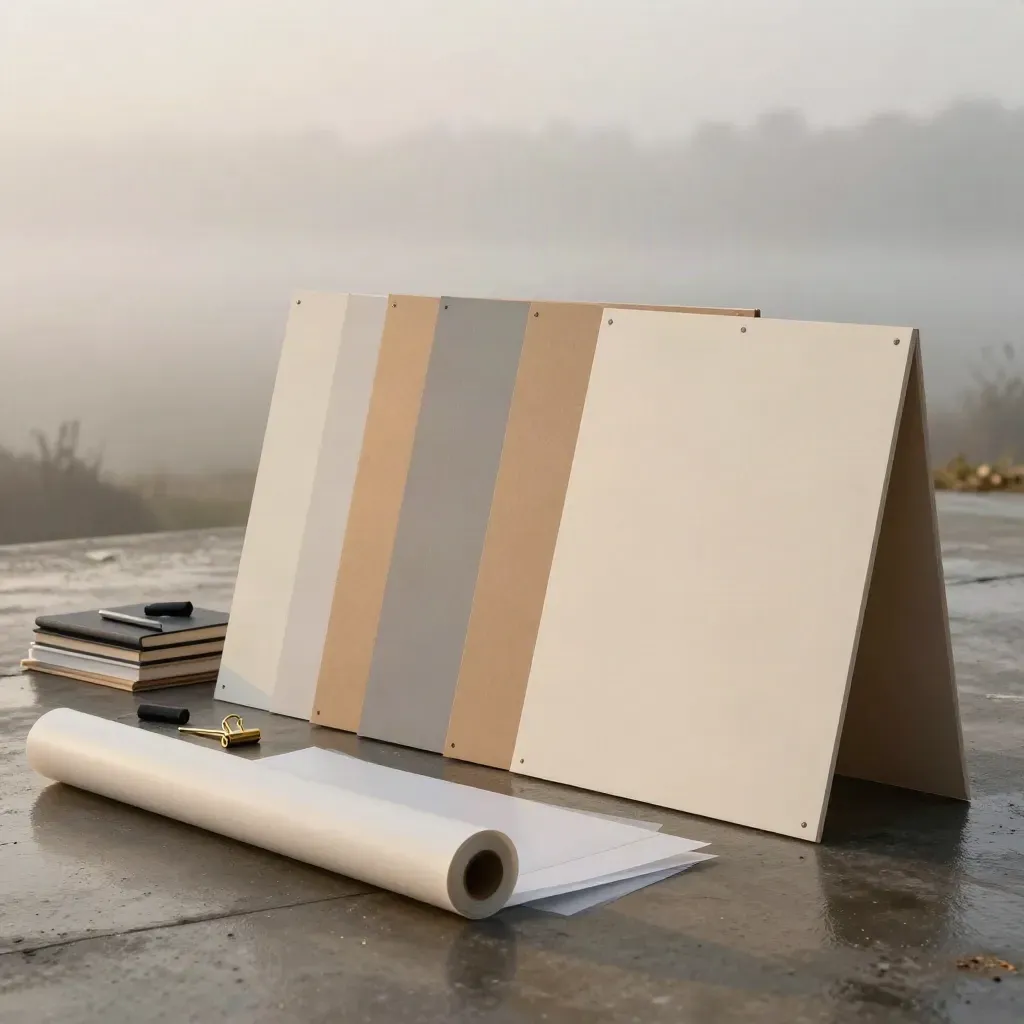 Blank concept boards, tracing paper rolls and sketchbook on a foggy industrial studio floor.
