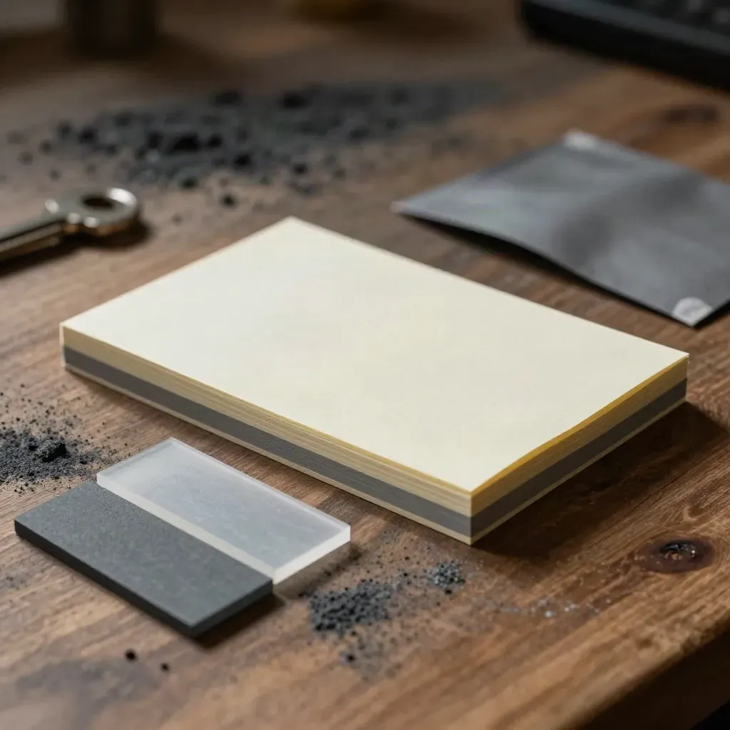 Workshop kit with sticky-note pads, acrylic chips, and a folded prototype packet on walnut.