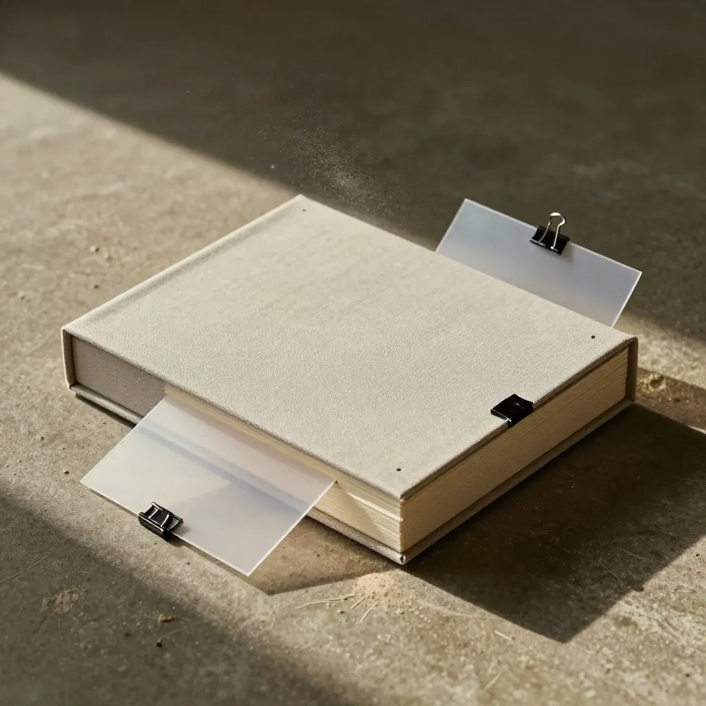 Top-down still life of a portfolio box, foam-core model, and concept sleeves on olive stone.