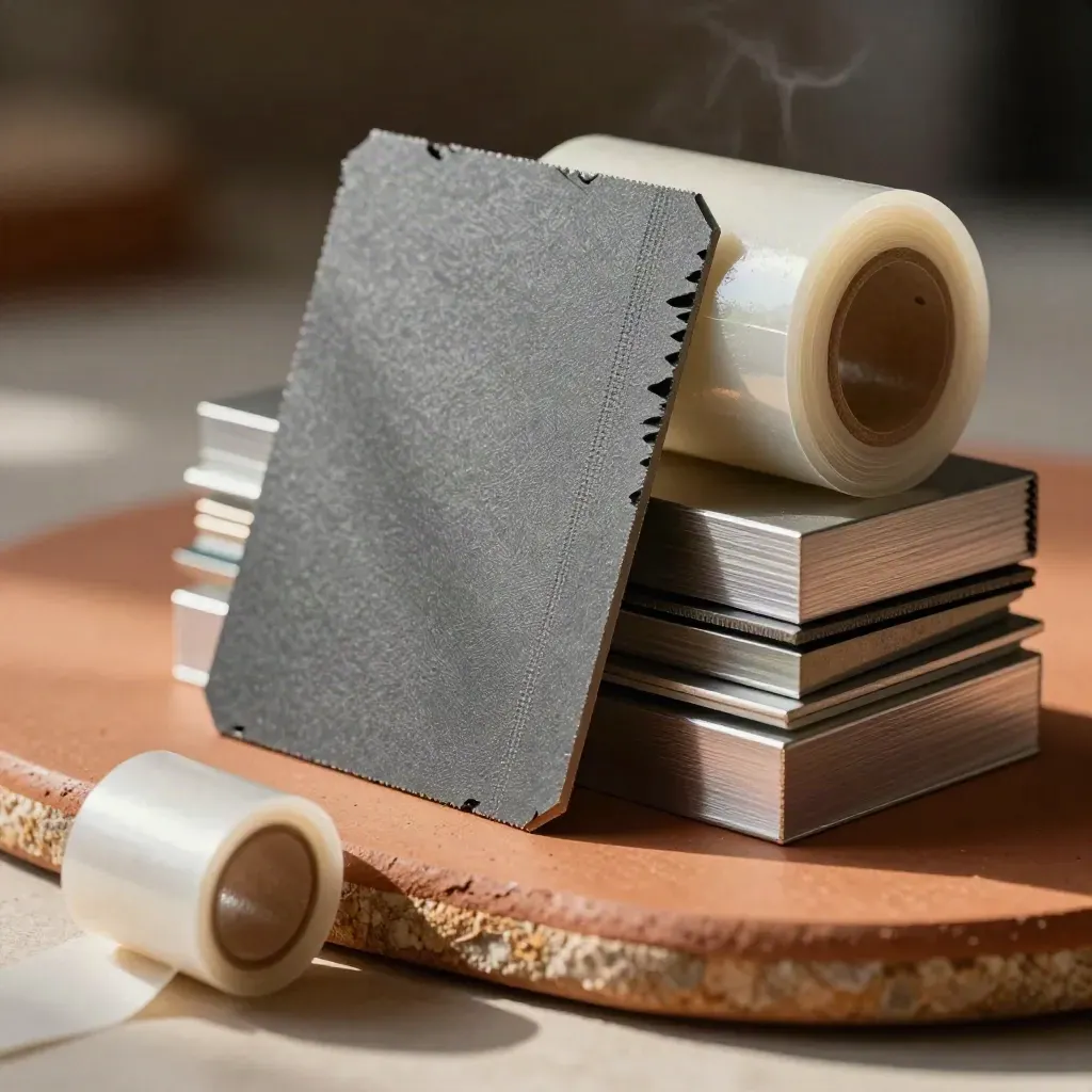 Graphite swatch fan, tracing film rolls, and aluminum sample blocks on terracotta clay.