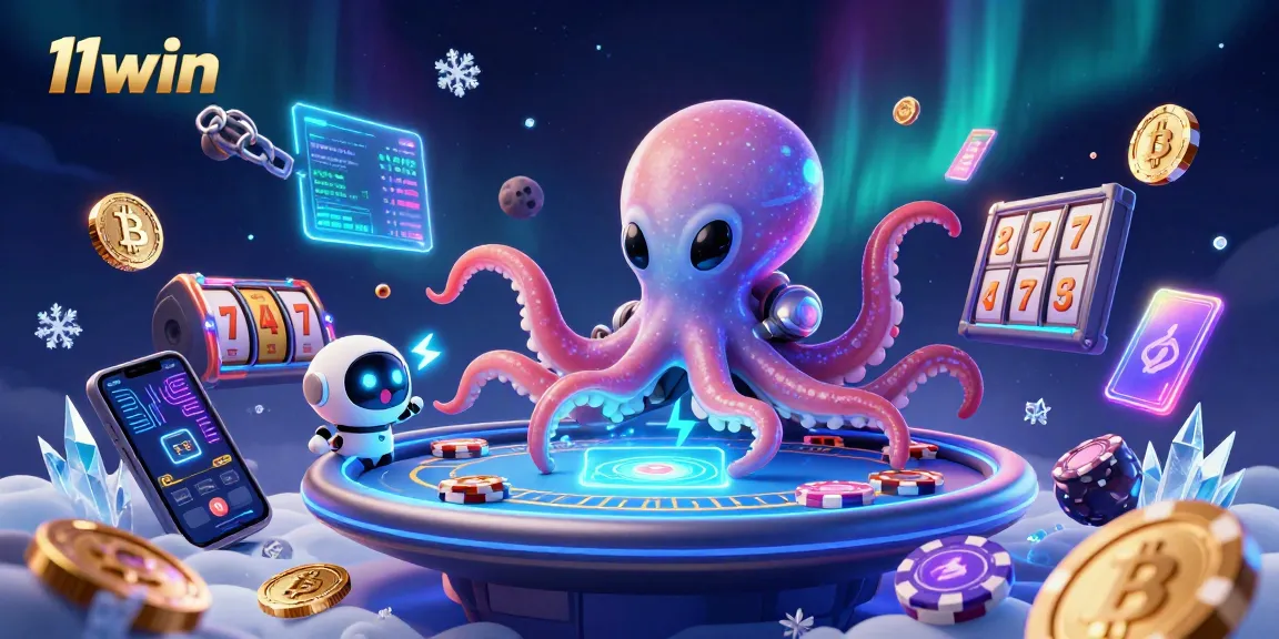 Engage with the 11win casino scene featuring vibrant alien characters and floating slot elements.