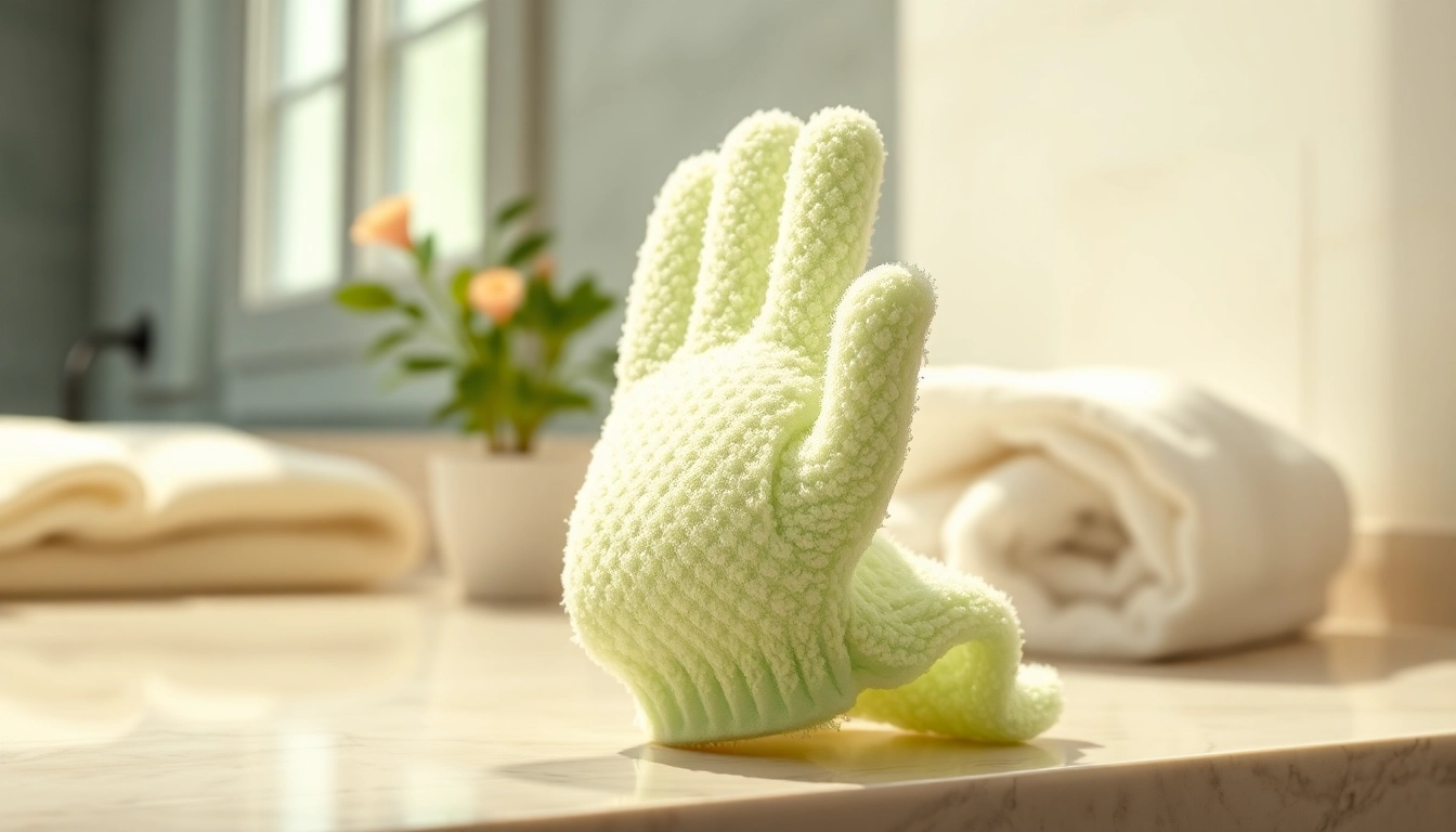 Using a hand loofah glove for a refreshing skin scrub in a bright bathroom setting.