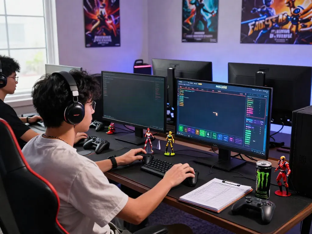 Gamer immersed in ROKOK88 gameplay strategies with dual screens showing vibrant leveling graphics, reflecting an exciting gaming atmosphere.