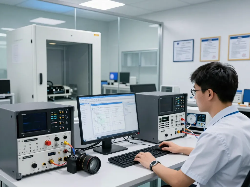 Engineer evaluating EMC testing results in a high-tech laboratory, ensuring ETSI compliance.