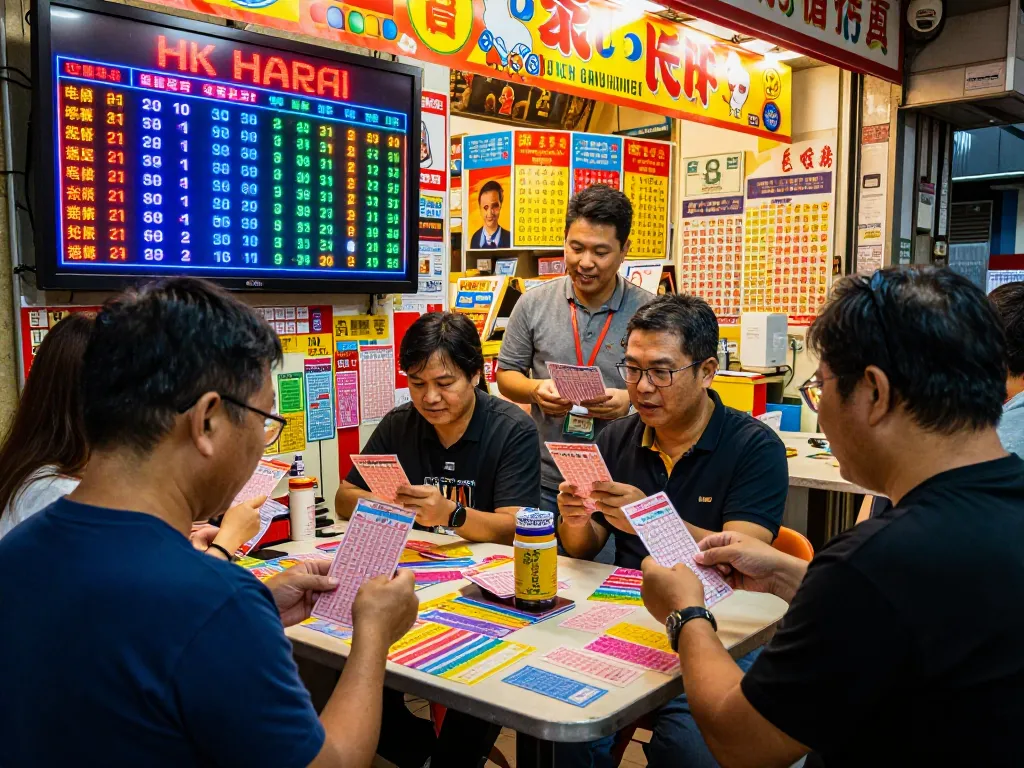 Pemain yang bersemangat mendiskusikan hasil undian HK Hari Ini di sebuah toko undian yang hidup dengan tiket berwarna-warni dan suasana yang meriah.