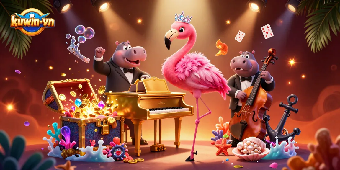 Engage with kuwin-vn's lively betting world through a vibrant 3D casino illustration.