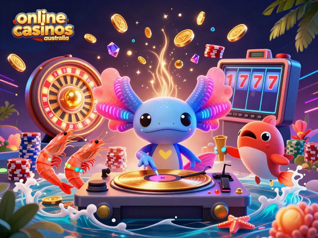 Experience vibrant fun and winnings at online casinos Australia with an underwater party theme featuring an axolotl DJ.