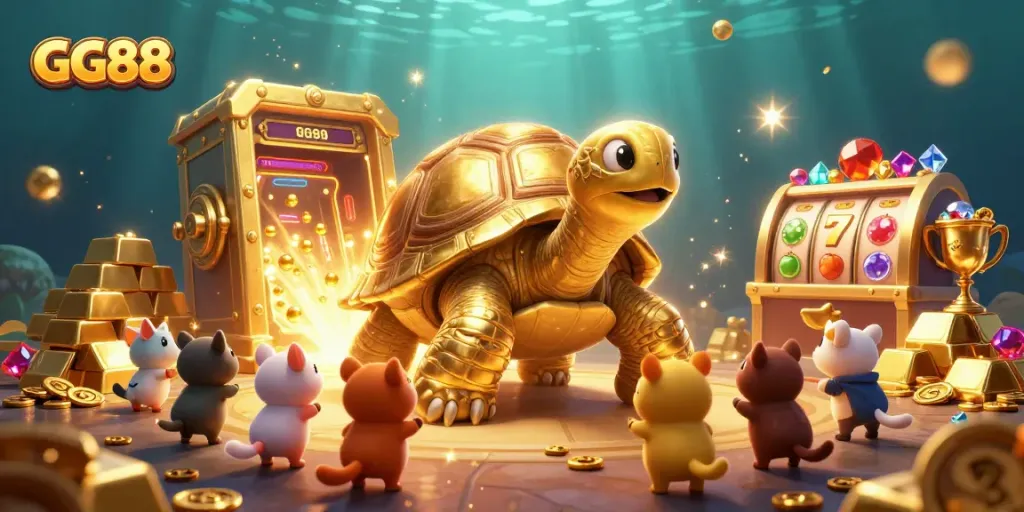 Play and win big at GG88 with a vibrant casino scene featuring a golden tortoise pinball machine and treasures.