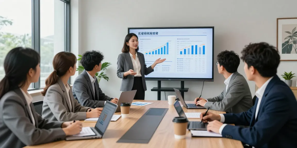 Team meeting discussing joint venture funding program in modern conference room with data visualizations.