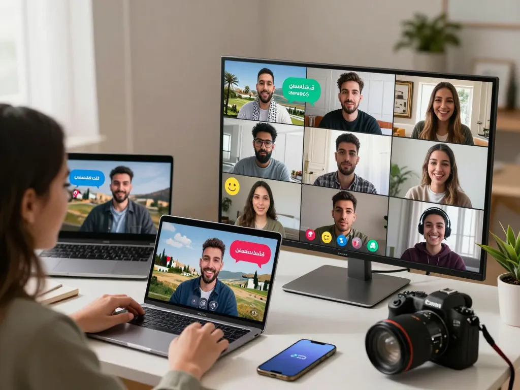 Engaging virtual chat scene highlighting diverse individuals in دردشة فلسطين.