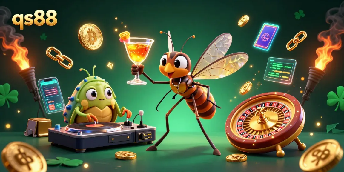 Engage with qs88's vibrant casino scene featuring a unique frozen mosquito mascot and crypto elements.