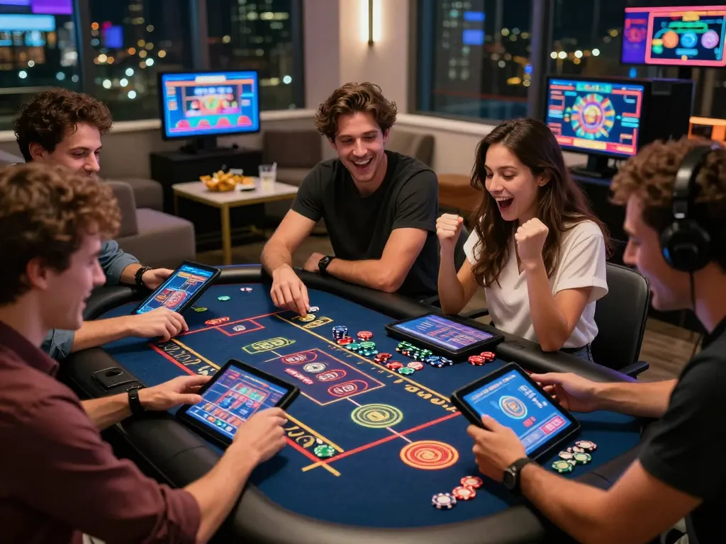 Friends enjoying the bomwin online casino experience at a modern gaming table with vibrant lighting and engaging graphics.