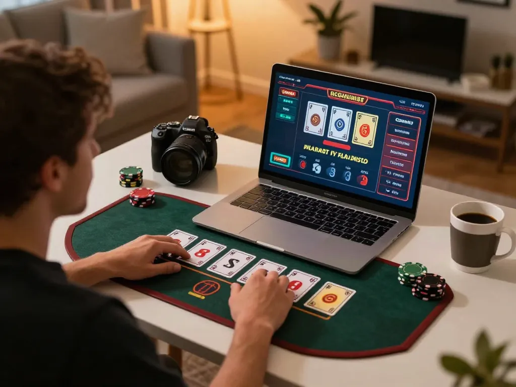 Player engaging in an online blackjack game at home using sunwingo platform, demonstrating strategic gameplay.