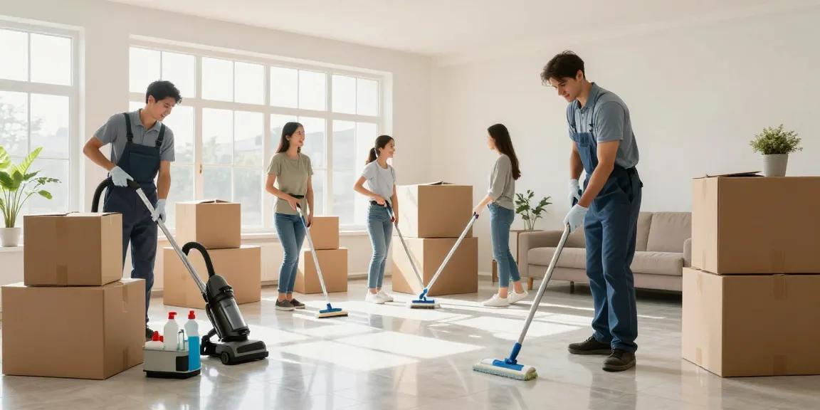 Professional cleaning crew performing umzugsreinigung bern in a bright, empty living room filled with moving boxes.