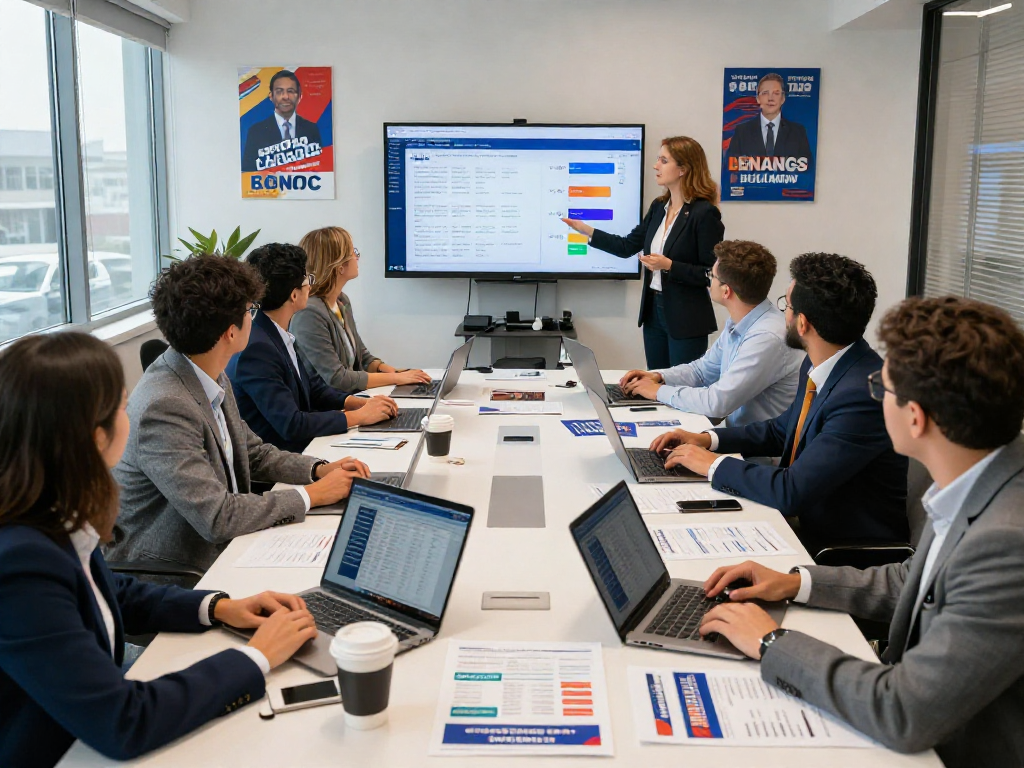 Strategic meeting highlighting political consultant fees with diverse professionals analyzing voter data and campaign strategies.
