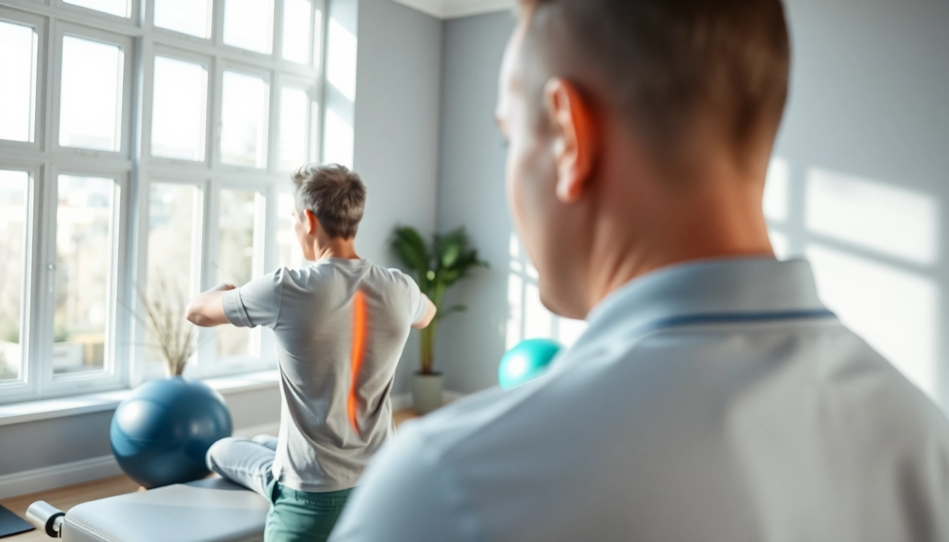 Physiotherapist demonstrating lower back pain treatment techniques in a bright clinic.
