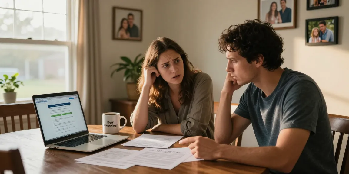 Couple exploring how can you get rid of a timeshare at home, with paperwork and a laptop showing a cancellation guide.