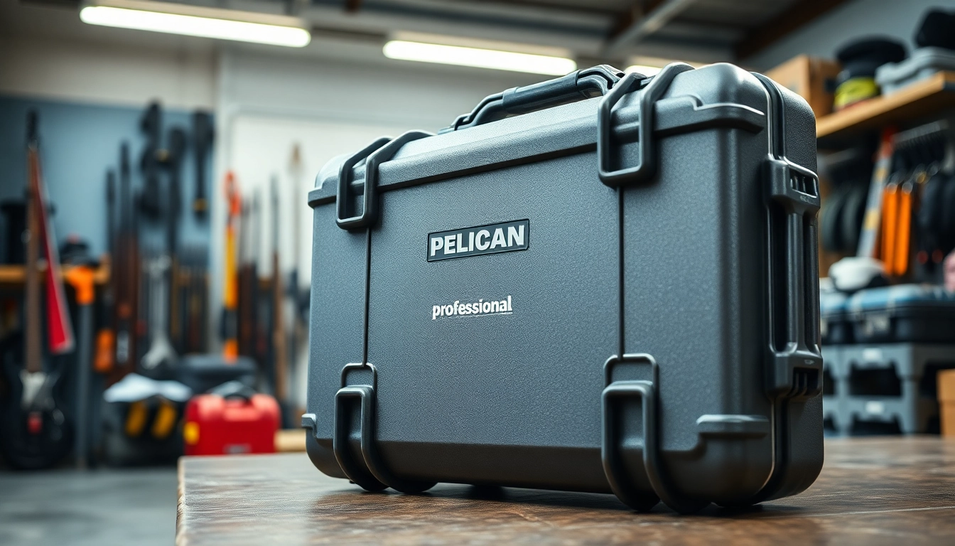 Showcase a Pelican gun case for sale in a workshop highlighting its durability and features.