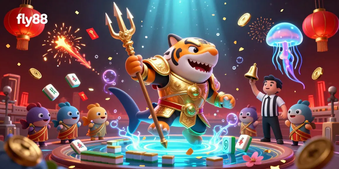 Engage with fly88 in a vibrant underwater casino scene featuring a gladiatorial shark and festive elements.