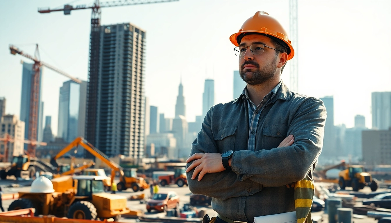 Manhattan Commercial General Contractor supervising construction with a dynamic skyline backdrop.