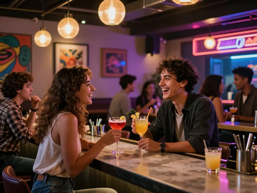 NSFW nightlife scene showcasing vibrant bar atmosphere with cocktails and laughter.