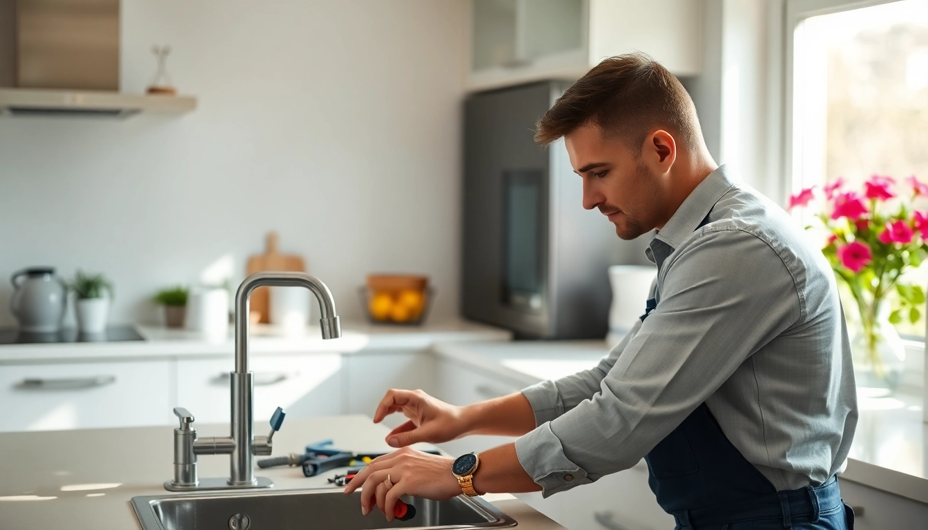Expert plumber near me efficiently fixing a sink in a bright suburban kitchen.