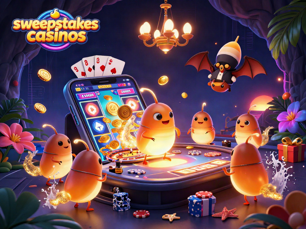 Experience sweepstakes casinos with vibrant glowworms illuminating card tables and spinning reels in this dynamic scene.