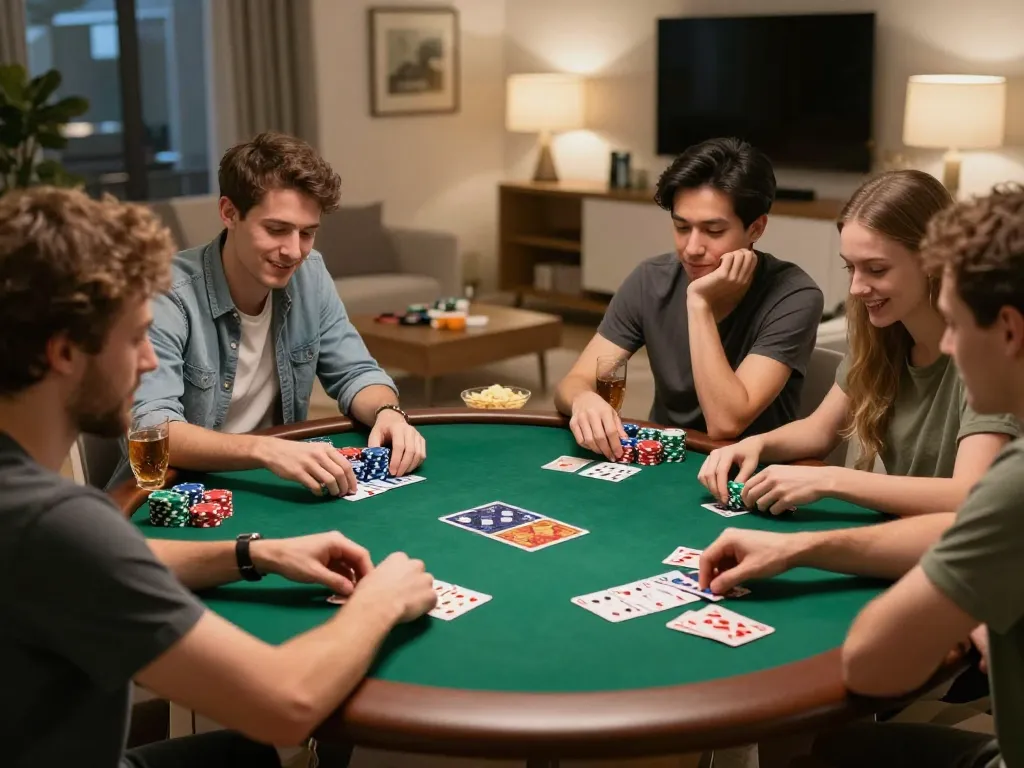 Bạn bè tận hưởng một trò chơi poker tại nhà, nổi bật trải nghiệm chơi cược xã hội của 12bet