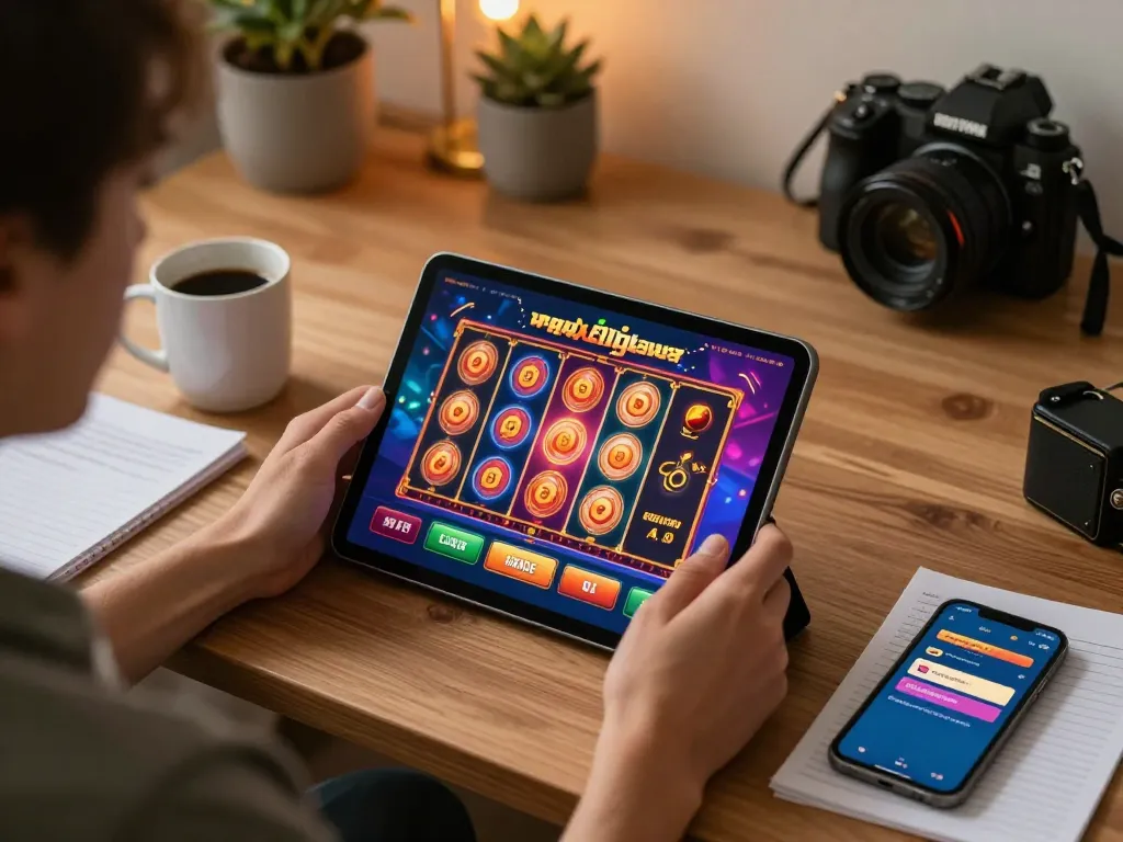 Player enjoying thrilling slots action on the 88xeng casino app in a cozy home setup.