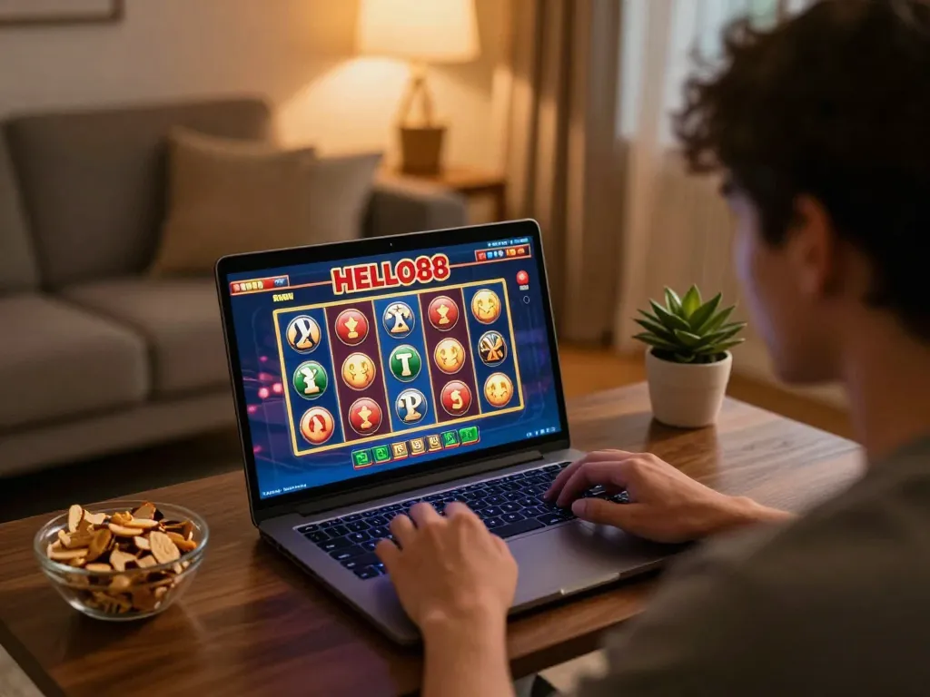 Engaged player strategizing on HELLO88 slot games at home with warm lighting
