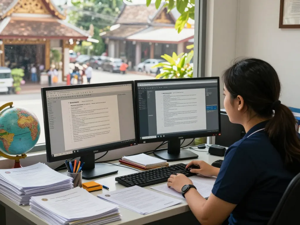 Certified translation services in Chiang Mai workspace with documents, translator, and city view.