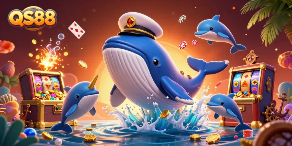 Engage with QS88's thrilling casino experience featuring vibrant slot machines and playful aquatic friends.