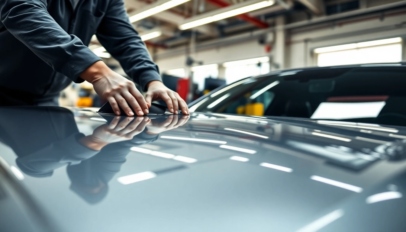 Applying paint protection film near me to a car with precision in a bright workshop.