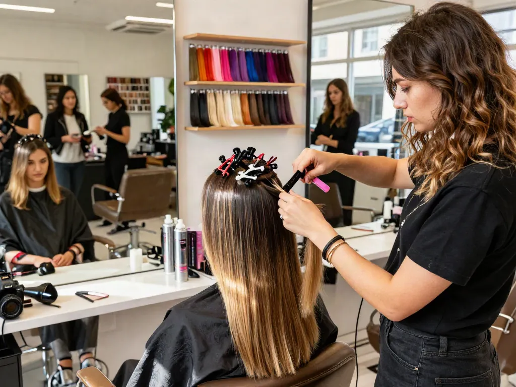 Tape-in extensions human hair application in a modern salon, highlighting vibrant hair colors and stylish atmosphere.