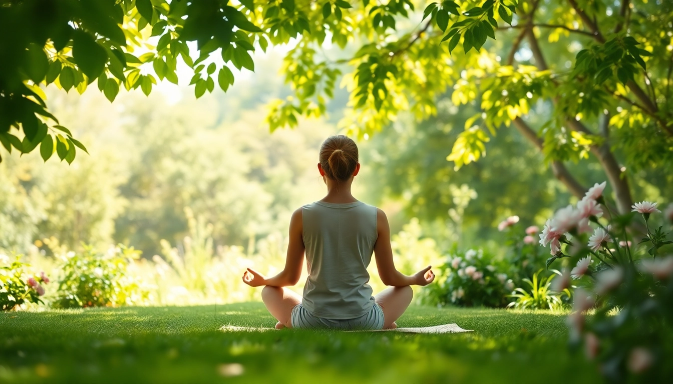 Embrace mental wellness with a person meditating peacefully in a vibrant garden setting.