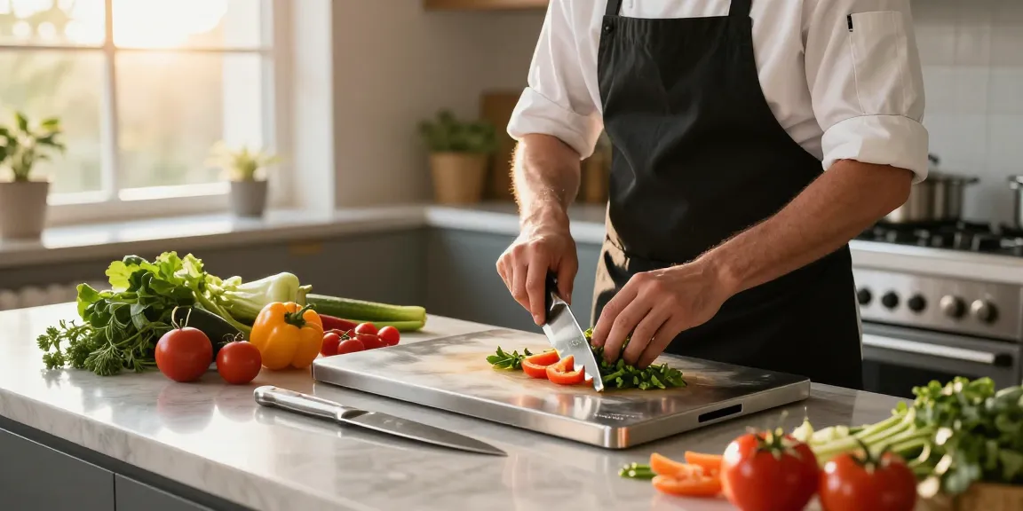 Chef using titanium cutting boards in a sunny kitchen, showcasing vibrant ingredients and culinary tools.