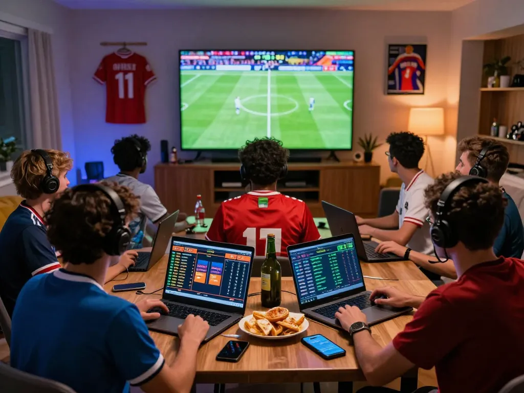 Engaged bettors interacting with 1gom's live betting interface on laptops and smartphones during a football match.