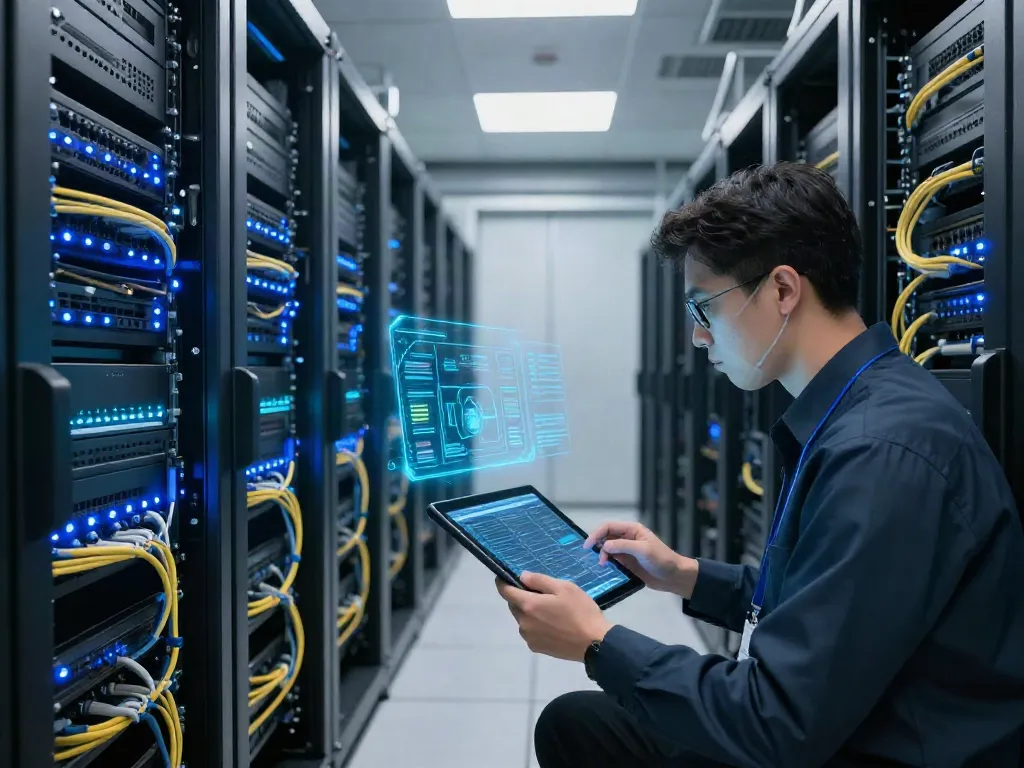 security configuration review in a modern data center with engineers monitoring systems