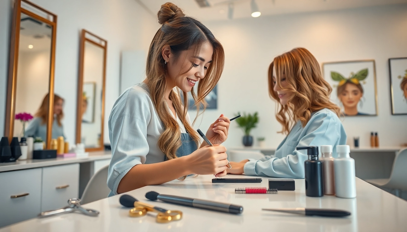 Cabeleireiro feminino showcasing professional hair styling in a modern salon atmosphere.