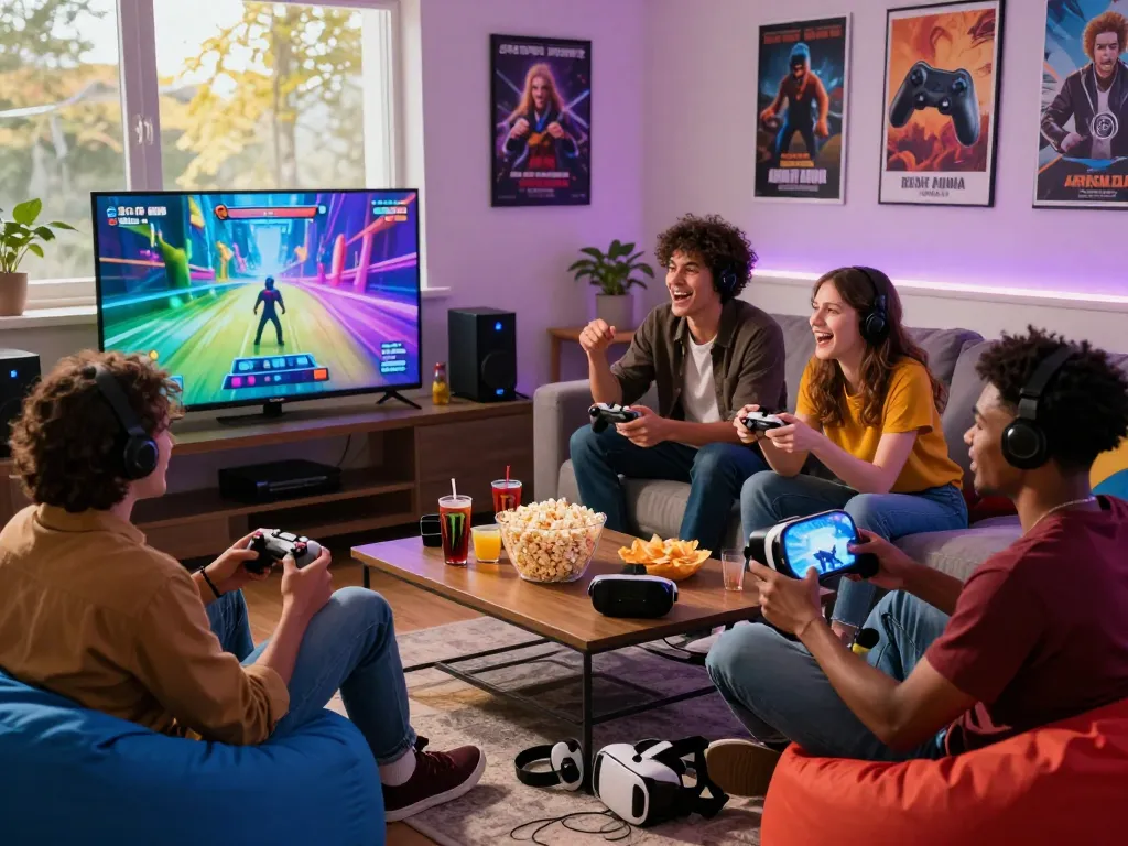 A lively gaming scene with friends enjoying the sun win experience, vibrant graphics on screen, snacks on the table.