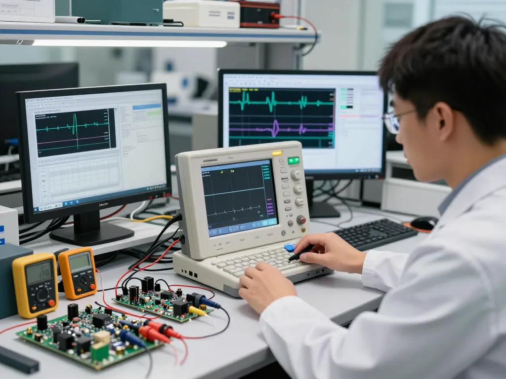 Analyzing digital vs analog oscilloscope performance in a professional electronics lab setting with intricate instruments and workbench.