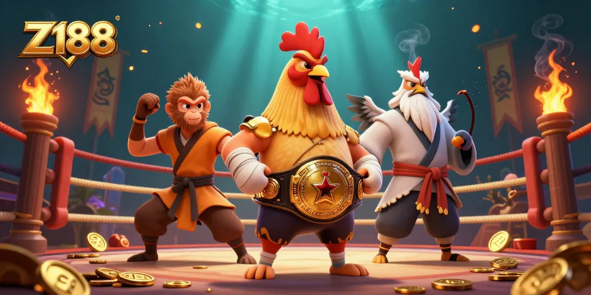 Experience thrilling betting action with Z188's cartoon rooster, monkey warrior, and crane master in a dynamic, colorful scene.
